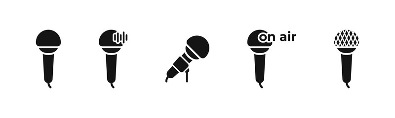 Microphones and audio set of filled icons. Recording and broadcasting collection.