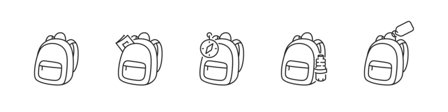 School bags and backpacks set of linear icons. Education and study accessories collection.