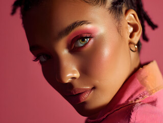 Close up portrait of a beautiful woman with pink makeup and green eyes