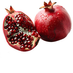 A pomegranate cut in half next to a whole pomegranate fruit