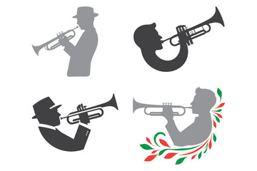 trumpet vector illustration, Person Playing Trumpet Icon, Silhouette of a musician playing a trumpet Black and white Logo Icon Set.