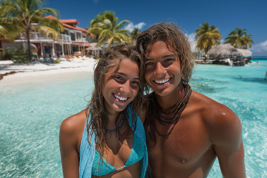 A couple in love on vacation at the seaside take a selfie in the water.