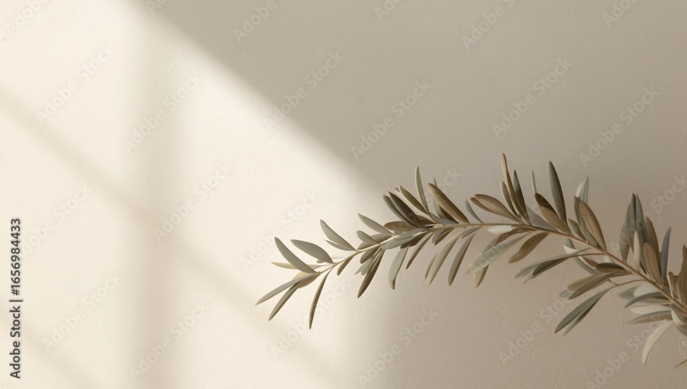 Aufkleber olive branch casting a soft shadow on a textured beige wall, creating a minimal and natural aestheti