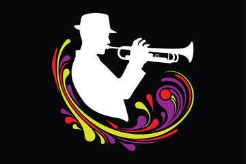 trumpet player silhouette Man Playing Trumpet Silhouette Illustration black and white vector Icon logo.