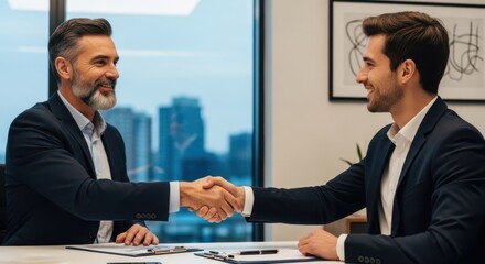 Two businessmen shaking hands across a table in an office