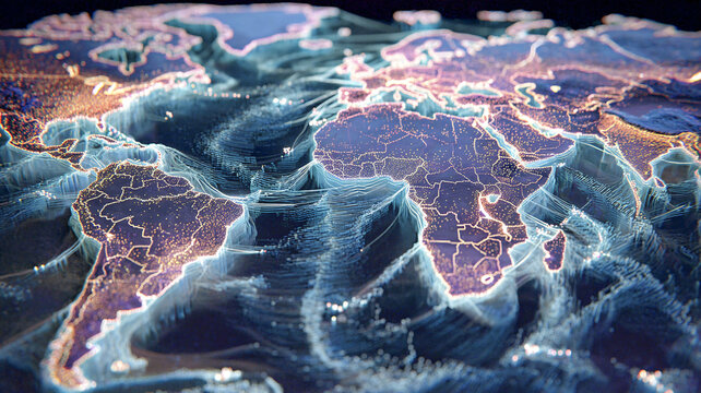 Stylized digital world map with relief and data visualization &mdash; global analytics.