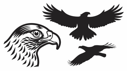 Obraz premium Eagle head illustration and two eagles in flight shown as black silhouettes on a white background