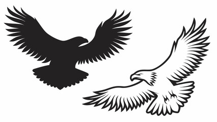 Obraz premium Two eagles in flight one in silhouette and one in outline with wings spread wide and feathers shown