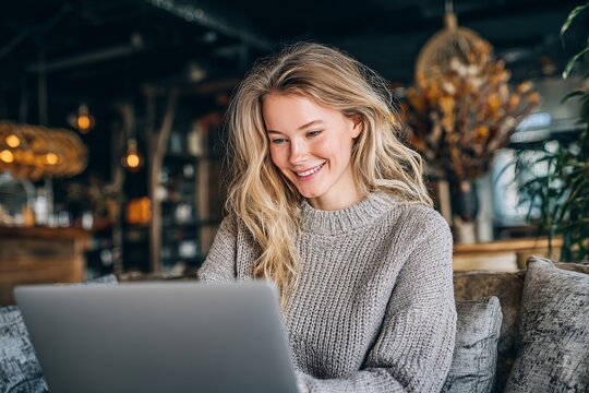 Smiling young woman working on laptop in cozy cafe interior / Casual student learning on laptop at wooden table in relaxed cafe