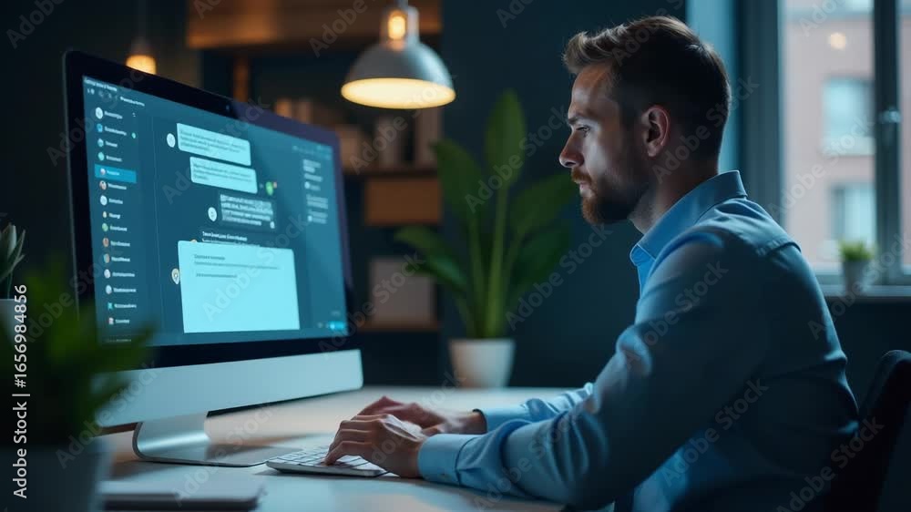 Poster a person sitting at a desk using a computer for work or personal use