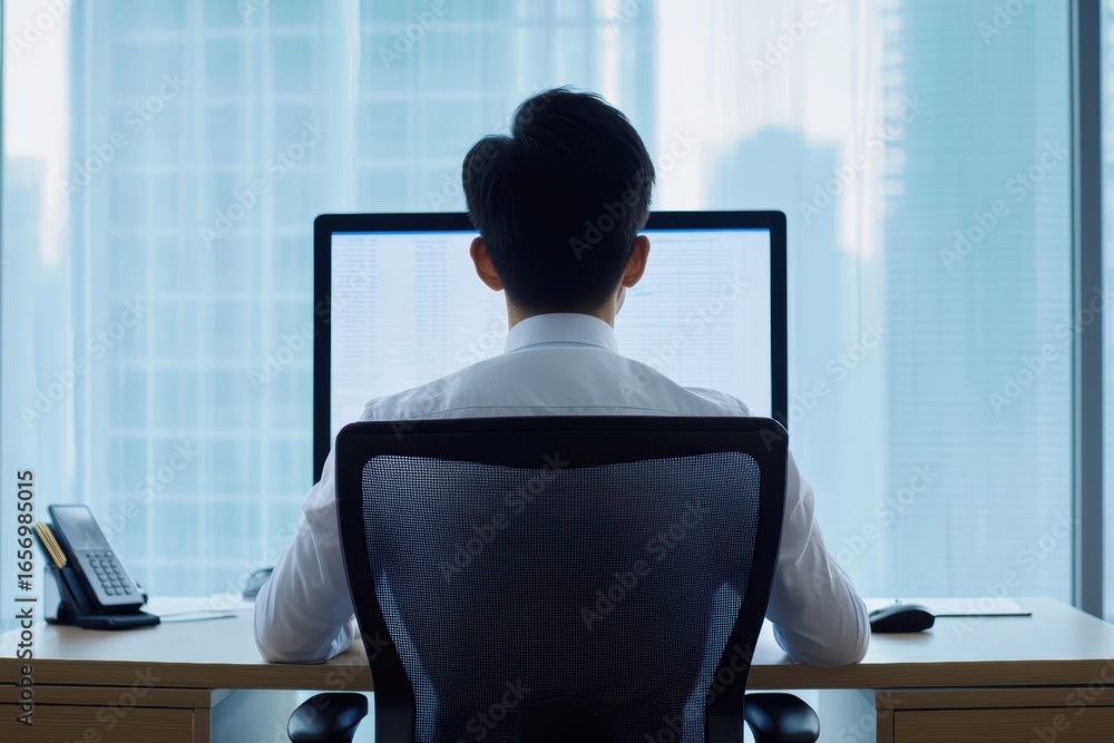 Poster business professional working at desk with computer in modern office setting surrounded by cityscape