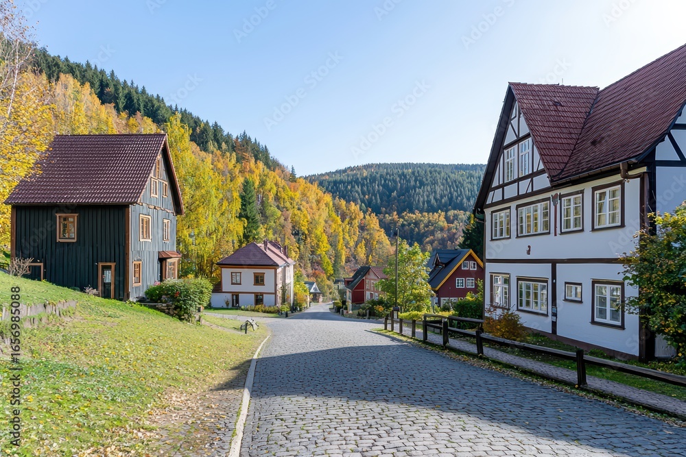 Poster scenic autumn view of charming cottages with colorful trees and cobblestone path in serene countrysi