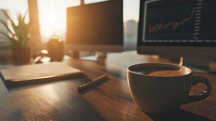 Morning coffee scene with laptop and financial charts in a bright office setting at sunrise