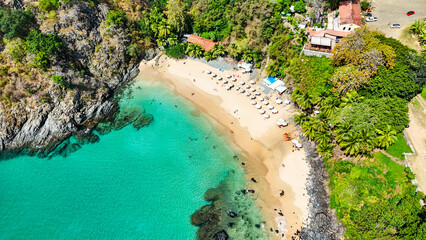 Visão aérea da Praia do Cachorro em Fernando de Noronha, com areia dourada, mar cristalino e falésias, destacando cenário tropical preservado do arquipélago © RNL Fotografia