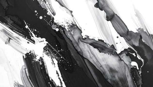 A dynamic abstract composition in grayscale, showcasing flowing ink, splashes, and brushstrokes that create a dramatic visual effect.