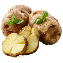 Two whole potatoes and sliced potatoes with basil leaves