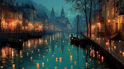 Fototapeta premium Peaceful river scene with floating candles and illuminated buildings