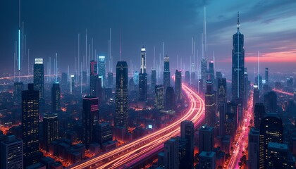 Fototapeta premium Futuristic cityscape with glowing skyscrapers and light trails urban landscape night