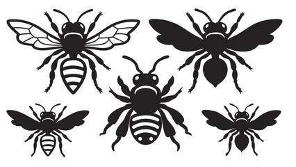 Five stylized black and white bee illustrations with varied wing and body designs shown
