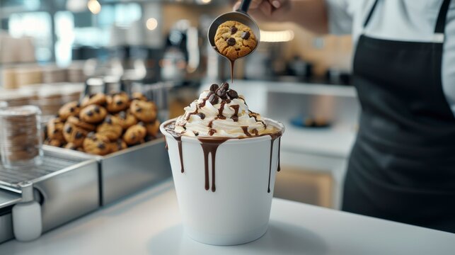Barista adding cookie to iced coffee bucket with chocolate drizzle - Powered by Adobe