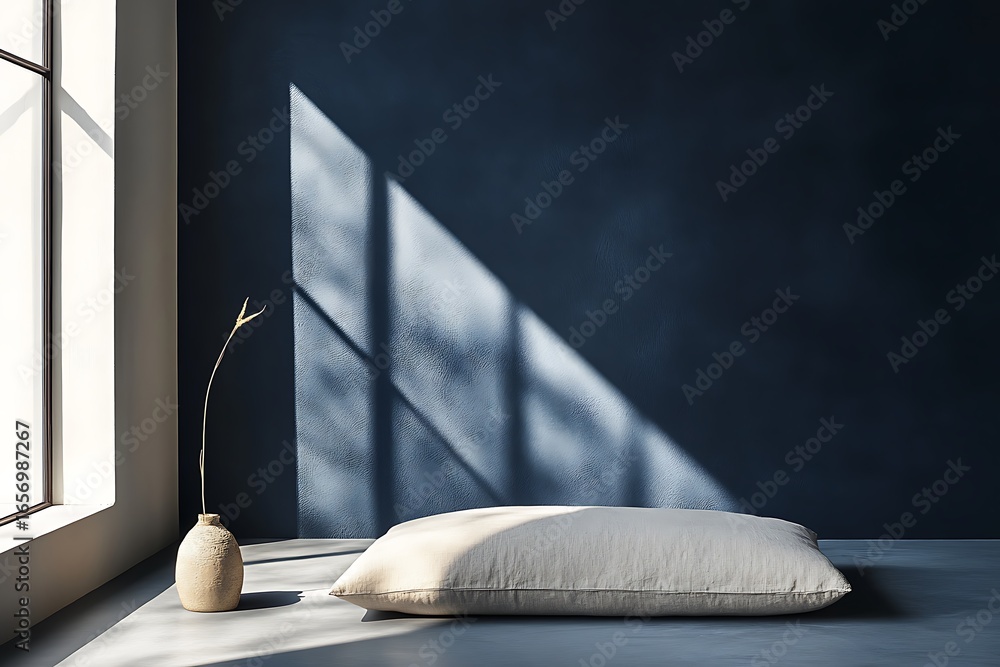 Poster ultra-minimal setup featuring one floating linen cushion, dark indigo walls enhancing the serene spa