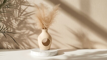 Obraz premium Pampas grass in a beige vase casting shadows on a textured wall, placed on a round podium, creating a minimal and stylish interior decoration