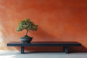 Zen-style room with a single low black wooden table holding a small bonsai, backdrop of rich burnt orange painted walls 