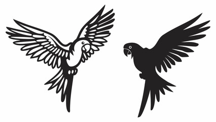Obraz premium Two stylized parrots in flight one outlined and one solid black on a white background facing each other