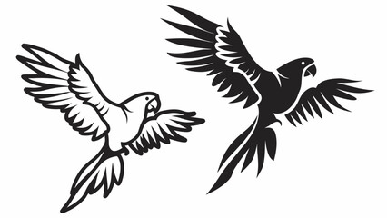 Two parrots in flight one in outline and the other filled with black ink in a vector illustration