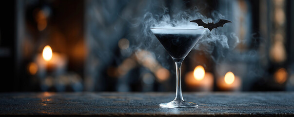 A dark bar table with a cocktail glass filled with black colored drink, garnished by dry ice smoke curling upward and a tiny edible bat on the rim. Halloween party concept.