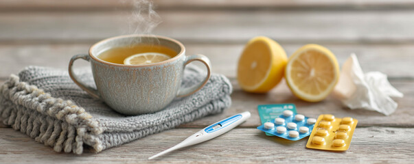 A cup of hot lemon tea with scattered tissues, thermometer, nasal spray, blister packs of pills lying near.