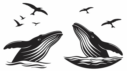 Two whales breaching the water with birds flying above in a monochrome vector illustration style