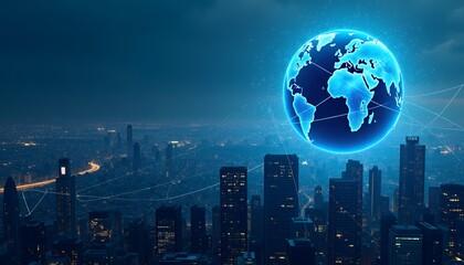 Glowing digital globe over illuminated city skyline at night technology global network