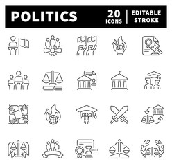Politics related icons set. Politics vector icons in line style. Outline politics icons