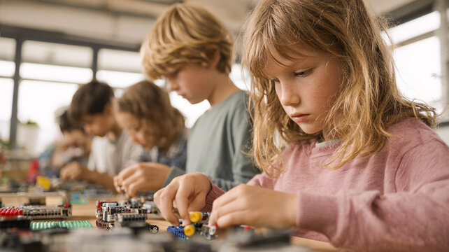 Kids assembling electronics kits in a workshop ; STEM lesson, hands-on learning and collaborative engineering activities for students.