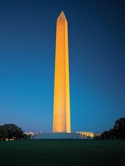Obraz premium Illuminated monument at dusk, towering against a clear blue sky, iconic architectural marvel lit warmly.