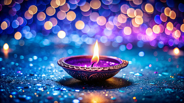 A single ornate purple diya lamp glows with a bright flame set against a magical bokeh background of shimmering blue and purple lights