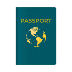 Teal passport with gold globe emblem for international travel