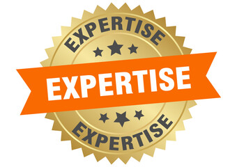 expertise. expertise round orange and gold label isolated on transparent background