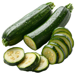 Two whole zucchinis and several slices on transparent background