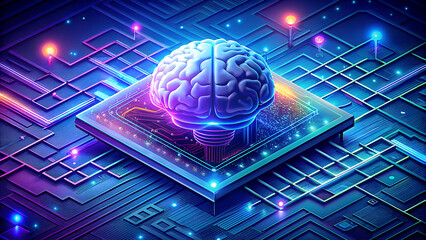 Futuristic glowing digital brain on a complex circuit board with vibrant neon blue and purple lights symbolizing artificial intelligence and advanced technology