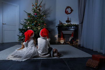 Two children, sit on carpet facing a decorated Christmas tree