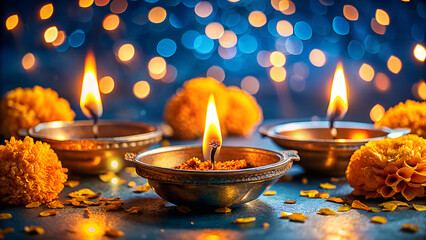 Warm glow of traditional indian diyas and marigold flowers illuminate a festive scene with soft bokeh lights creating a magical and spiritual atmosphere for celebrations