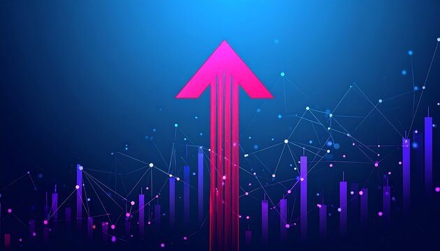 A dynamic upward trend is illustrated against a backdrop of interconnected data points and rising bar graphs, highlighting growth and progress.