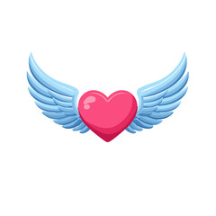 Naklejka premium Stylized heart with feathered wings design, pink heart shape with blue angel wings, romantic symbol vector