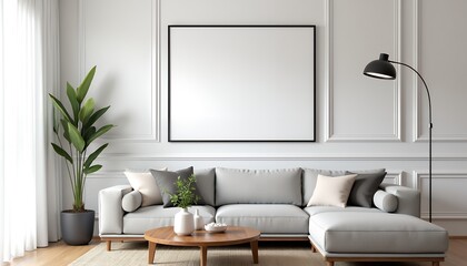 Modern living room with sectional sofa and floor lamp coffee table potted plant