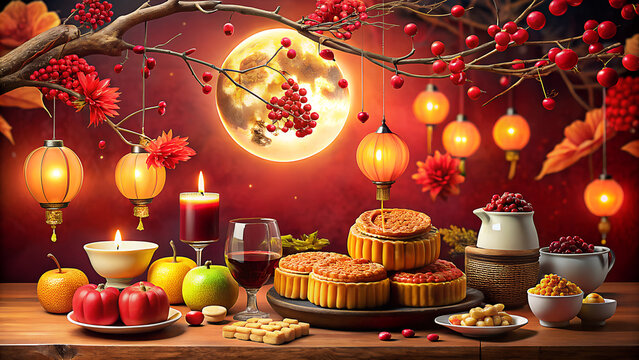 Festive mid autumn festival celebration with mooncakes lanterns and autumn fruits under a full moon