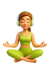 3D cartoon woman meditating in lotus pose with headphones, symbol of yoga, relaxation and healthy lifestyle. Generative AI