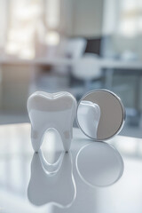 Tooth model with dental mirror on white clinic desk. Dental hygiene concept.