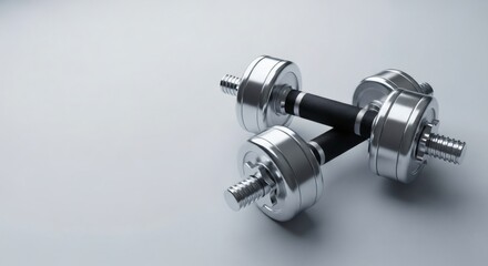 Obraz premium Shiny dumbbells against a soft neutral background with a generous area for bespoke design
